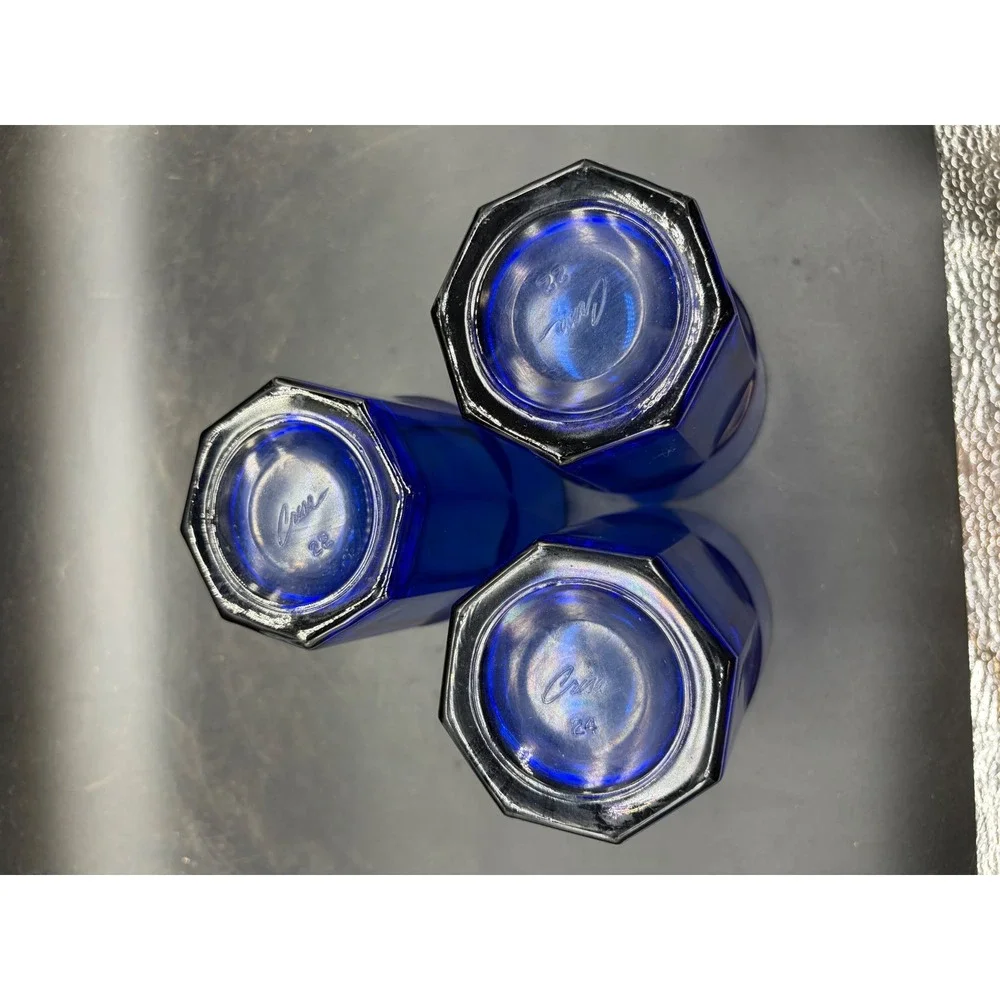 Crisa Cobalt Blue Glass Tumblers Set of 3 Octagonal Paneled Drinking Glasses 5in